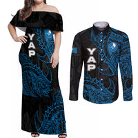 Yap Island Tribal Heritage Couples Matching Off Shoulder Maxi Dress and Long Sleeve Button Shirt Micronesian Polynesian Tattoo Pattern Blue Black Cultural Art