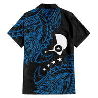 Yap Island Tribal Heritage Family Matching Off The Shoulder Long Sleeve Dress and Hawaiian Shirt Micronesian Polynesian Tattoo Pattern Blue Black Cultural Art
