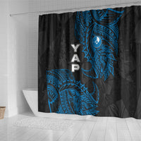 Yap Island Tribal Heritage Shower Curtain Micronesian Polynesian Tattoo Pattern Blue Black Cultural Art