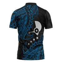Yap Island Tribal Heritage Zipper Polo Shirt Micronesian Polynesian Tattoo Pattern Blue Black Cultural Art