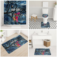 Yap Day Island Floral Tribal Heritage Bathroom Set Micronesian Hibiscus Pattern Polynesian Tattoo Blue Art