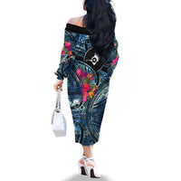 Yap Day Island Floral Tribal Heritage Family Matching Off The Shoulder Long Sleeve Dress and Hawaiian Shirt Micronesian Hibiscus Pattern Polynesian Tattoo Blue Art