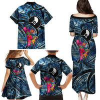 Yap Day Island Floral Tribal Heritage Family Matching Puletasi and Hawaiian Shirt Micronesian Hibiscus Pattern Polynesian Tattoo Blue Art