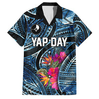 Yap Day Island Floral Tribal Heritage Family Matching Puletasi and Hawaiian Shirt Micronesian Hibiscus Pattern Polynesian Tattoo Blue Art