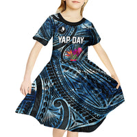 Yap Day Island Floral Tribal Heritage Kid Short Sleeve Dress Micronesian Hibiscus Pattern Polynesian Tattoo Blue Art