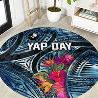 Yap Day Island Floral Tribal Heritage Round Carpet Micronesian Hibiscus Pattern Polynesian Tattoo Blue Art