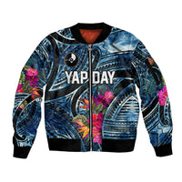 Yap Day Island Floral Tribal Heritage Sleeve Zip Bomber Jacket Micronesian Hibiscus Pattern Polynesian Tattoo Blue Art