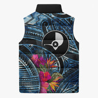 Yap Day Island Floral Tribal Heritage Sleeveless Puffer Jacket Micronesian Hibiscus Pattern Polynesian Tattoo Blue Art