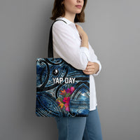 Yap Day Island Floral Tribal Heritage Tote Bag Micronesian Hibiscus Pattern Polynesian Tattoo Blue Art