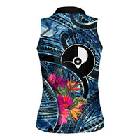 Yap Day Island Floral Tribal Heritage Women Sleeveless Polo Shirt Micronesian Hibiscus Pattern Polynesian Tattoo Blue Art