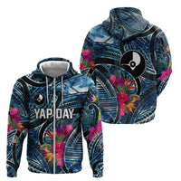 Yap Day Island Floral Tribal Heritage Zip Hoodie Micronesian Hibiscus Pattern Polynesian Tattoo Blue Art