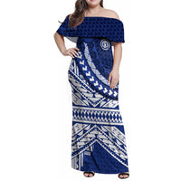 Northern Mariana Islands Saipan Family Matching Off Shoulder Maxi Dress and Hawaiian Shirt Polynesian Tribal Pattern - Commonwealth Seal Art TS04 Mom's Dress Blue White - Polynesian Pride