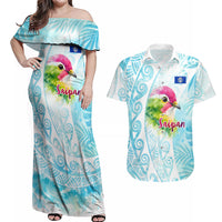 Saipan CMNI Couples Matching Off Shoulder Maxi Dress and Hawaiian Shirt Polynesian Northern Mariana Islands Fruit Dove Watercolor TS04 Blue White - Polynesian Pride