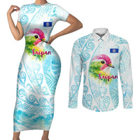 Saipan CMNI Couples Matching Short Sleeve Bodycon Dress and Long Sleeve Button Shirt Polynesian Northern Mariana Islands Fruit Dove Watercolor TS04 Blue White - Polynesian Pride