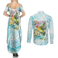 Saipan CMNI Couples Matching Summer Maxi Dress and Long Sleeve Button Shirt Polynesian Northern Mariana Islands Fruit Dove Watercolor