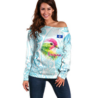 Saipan CMNI Off Shoulder Sweater Polynesian Northern Mariana Islands Fruit Dove Watercolor