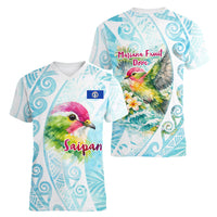 Saipan CMNI Women V-Neck T-Shirt Polynesian Northern Mariana Islands Fruit Dove Watercolor