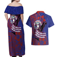 Saipan Northern Mariana Islands Couples Matching Off Shoulder Maxi Dress and Hawaiian Shirt Polynesian Tribal Tattoo Art With Hibiscus Flowers And Seal TS04 - Polynesian Pride