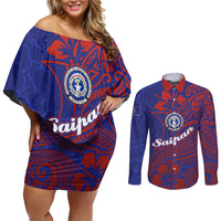 Saipan Northern Mariana Islands Couples Matching Off Shoulder Short Dress and Long Sleeve Button Shirt Polynesian Tribal Tattoo Art With Hibiscus Flowers And Seal TS04 Blue Red - Polynesian Pride