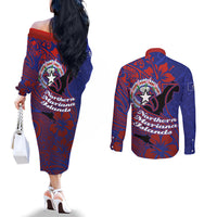 Saipan Northern Mariana Islands Couples Matching Off The Shoulder Long Sleeve Dress and Long Sleeve Button Shirt Polynesian Tribal Tattoo Art With Hibiscus Flowers And Seal TS04 - Polynesian Pride