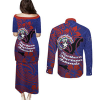 Saipan Northern Mariana Islands Couples Matching Puletasi and Long Sleeve Button Shirt Polynesian Tribal Tattoo Art With Hibiscus Flowers And Seal TS04 - Polynesian Pride