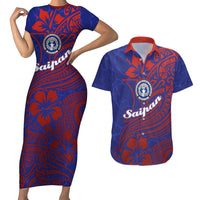 Saipan Northern Mariana Islands Couples Matching Short Sleeve Bodycon Dress and Hawaiian Shirt Polynesian Tribal Tattoo Art With Hibiscus Flowers And Seal TS04 Blue Red - Polynesian Pride