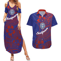 Saipan Northern Mariana Islands Couples Matching Summer Maxi Dress and Hawaiian Shirt Polynesian Tribal Tattoo Art With Hibiscus Flowers And Seal TS04 Blue Red - Polynesian Pride