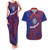 Saipan Northern Mariana Islands Couples Matching Tank Maxi Dress and Hawaiian Shirt Polynesian Tribal Tattoo Art With Hibiscus Flowers And Seal TS04 Blue Red - Polynesian Pride