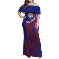 Saipan Northern Mariana Islands Family Matching Off Shoulder Maxi Dress and Hawaiian Shirt Polynesian Tribal Tattoo Art With Hibiscus Flowers And Seal TS04 Mom's Dress Blue Red - Polynesian Pride