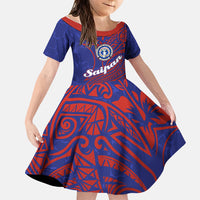 Saipan Northern Mariana Islands Family Matching Off Shoulder Short Dress and Hawaiian Shirt Polynesian Tribal Tattoo Art With Hibiscus Flowers And Seal TS04 Daughter's Dress Blue Red - Polynesian Pride