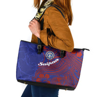 Saipan Northern Mariana Islands Leather Tote Bag Polynesian Tribal Tattoo Art With Hibiscus Flowers And Seal TS04 Blue Red - Polynesian Pride