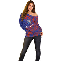 Saipan Northern Mariana Islands Off Shoulder Sweater Polynesian Tribal Tattoo Art With Hibiscus Flowers And Seal