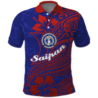 Saipan Northern Mariana Islands Polo Shirt Polynesian Tribal Tattoo Art With Hibiscus Flowers And Seal TS04 Blue Red - Polynesian Pride