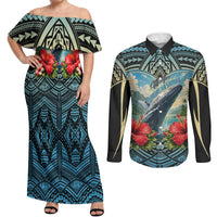 Personalized Masefau American Samoa Whale Couples Matching Off Shoulder Maxi Dress and Long Sleeve Button Shirt Polynesian Tribal Pattern Tropical Hibiscus