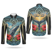 Personalized Masefau American Samoa Whale Couples Matching Off Shoulder Maxi Dress and Long Sleeve Button Shirt Polynesian Tribal Pattern Tropical Hibiscus