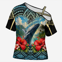 Personalized Masefau American Samoa Whale Cross Shoulder Shirt Polynesian Tribal Pattern Tropical Hibiscus