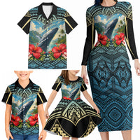 Personalized Masefau American Samoa Whale Family Matching Long Sleeve Bodycon Dress and Hawaiian Shirt Polynesian Tribal Pattern Tropical Hibiscus