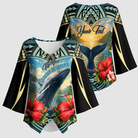 Personalized Masefau American Samoa Whale Kimono Sleeve Blouse Polynesian Tribal Pattern Tropical Hibiscus