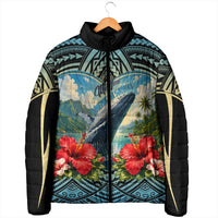 Personalized Masefau American Samoa Whale Padded Jacket Polynesian Tribal Pattern Tropical Hibiscus