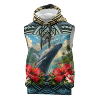 Personalized Masefau American Samoa Whale Sleeveless Hoodie Polynesian Tribal Pattern Tropical Hibiscus