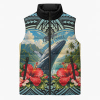 Personalized Masefau American Samoa Whale Sleeveless Puffer Jacket Polynesian Tribal Pattern Tropical Hibiscus