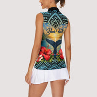Personalized Masefau American Samoa Whale Women Sleeveless Polo Shirt Polynesian Tribal Pattern Tropical Hibiscus