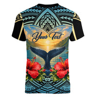 Personalized Masefau American Samoa Whale Women V-Neck T-Shirt Polynesian Tribal Pattern Tropical Hibiscus