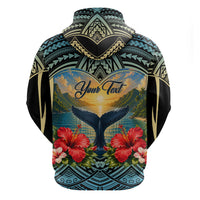 Personalized Masefau American Samoa Whale Zip Hoodie Polynesian Tribal Pattern Tropical Hibiscus
