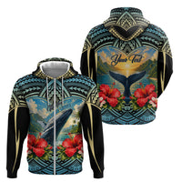Personalized Masefau American Samoa Whale Zip Hoodie Polynesian Tribal Pattern Tropical Hibiscus