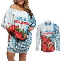 Personalized American Samoa Masefau Couples Matching Off Shoulder Short Dress and Long Sleeve Button Shirt Hibiscus Tropical Floral Whale Polynesian Tribal Pattern