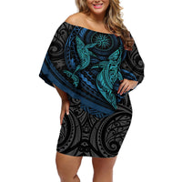 Polynesian Whale Off Shoulder Short Dress TS04 Women Black/Cyan - Polynesian Pride