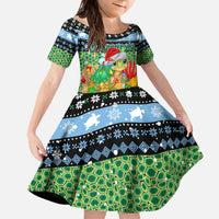 Micronesia Christmas Family Matching Off The Shoulder Long Sleeve Dress and Hawaiian Shirt with Santa Turtle Coral Reef and Holiday Ocean Pattern TS04 Daughter's Dress Black Green - Polynesian Pride