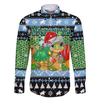 Micronesia Christmas Family Matching Off The Shoulder Long Sleeve Dress and Hawaiian Shirt with Santa Turtle Coral Reef and Holiday Ocean Pattern TS04 Dad's Shirt - Long Sleeve Black Green - Polynesian Pride