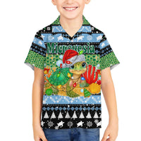 Micronesia Christmas Family Matching Off The Shoulder Long Sleeve Dress and Hawaiian Shirt with Santa Turtle Coral Reef and Holiday Ocean Pattern TS04 Son's Shirt Black Green - Polynesian Pride